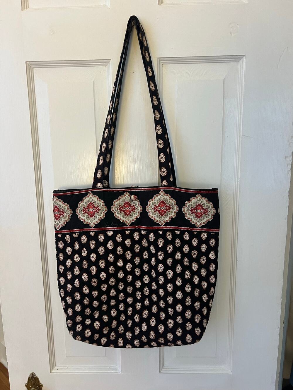 Vera Bradley Quilted Cotton Tote Bag Black Red Cream Medallion Shoulder Purse
